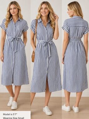 GAP Blue and White Vertical Stripe Tie-Waist button down Midi Dress. S